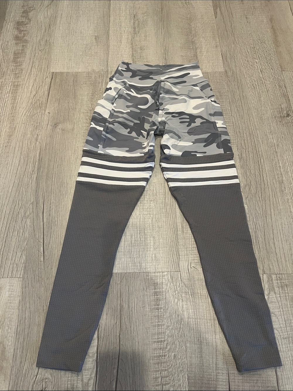 Bombshell Sportswear Gray Camo & Charcoal Leggings with White Stripes - Picture 2 of 4